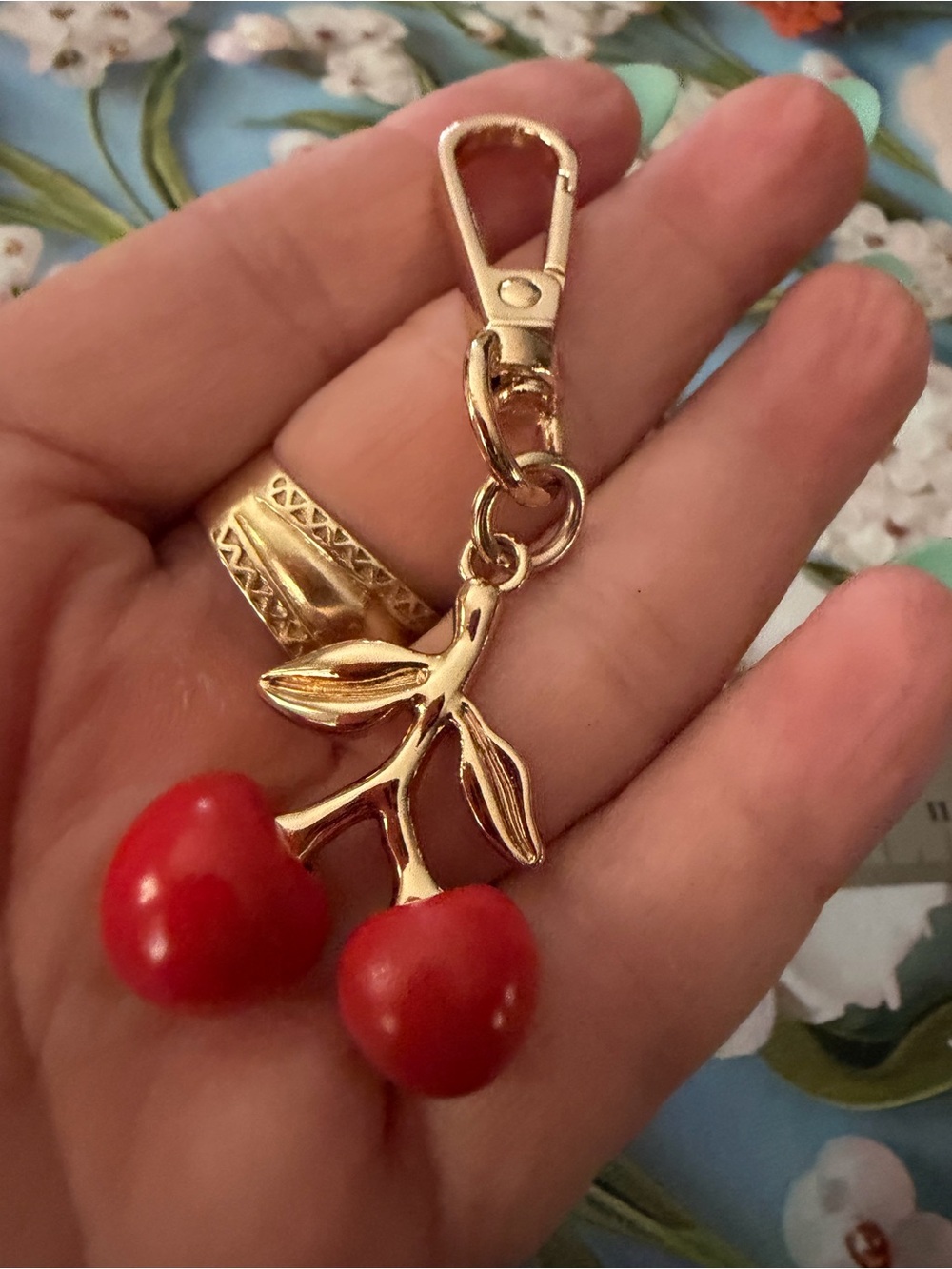 Gold Cherry Charm Keychain with Red Enamel Cherries